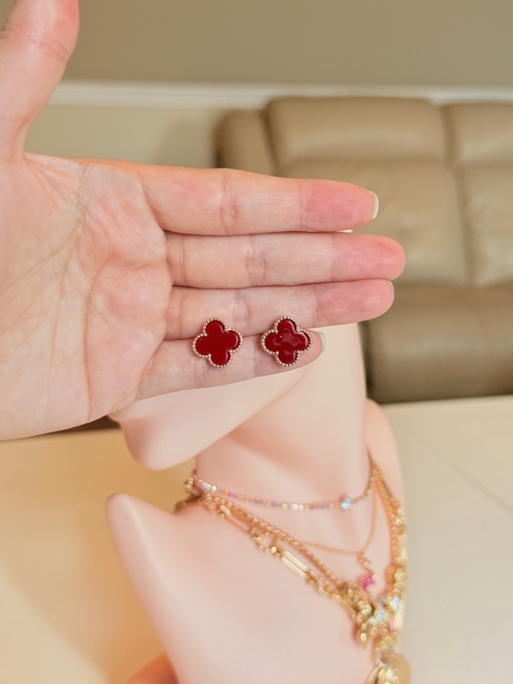 Gold Red Clover Stud Earrings - Picture 10 of 11